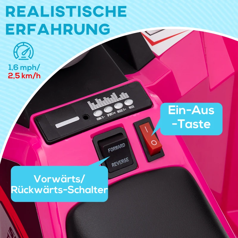 HOMCOM Elektrische Kinderquad, 2,5 km/u, Voor- & Achteruitgang, voor 18-36 Maanden, Roze