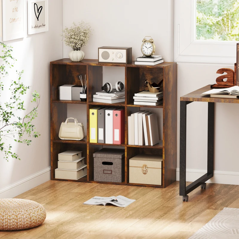HOMCOM 3-tier 9 Cubes Storage Unit Particle Board Cupboard Bookcase Organiser Home Office Shelves, Rustic Brown