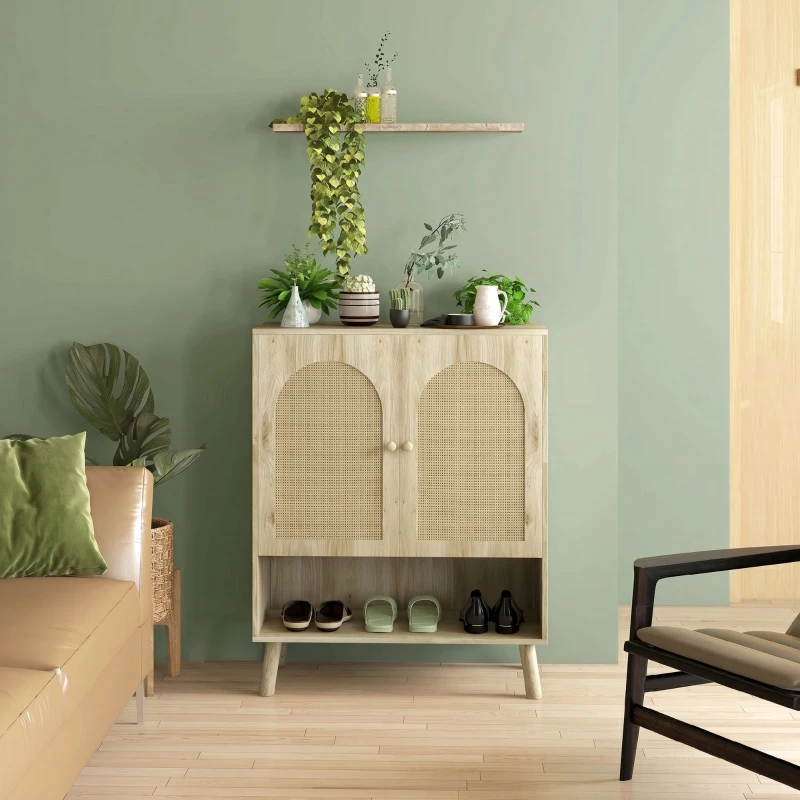 HOMCOM Dulap Multifuncțional în Stil Boho cu Uși din Ratan și Raft Deschis, 80x38x100cm, Stejar