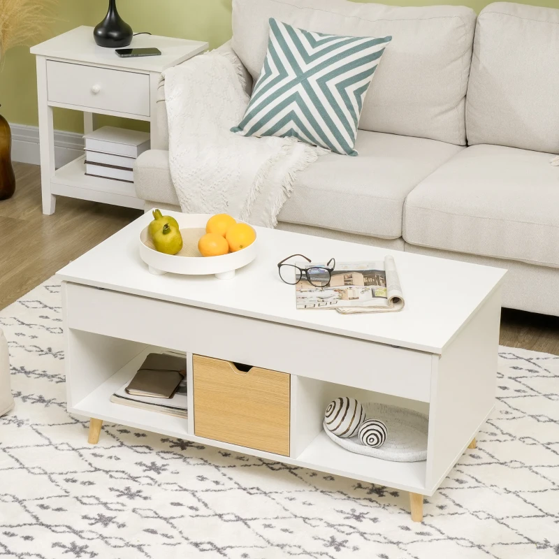 HOMCOM Table basse rectangulaire avec plateau relevable 1 tiroir, 2 niches et coffre - en bois aspect bois clair et blanc