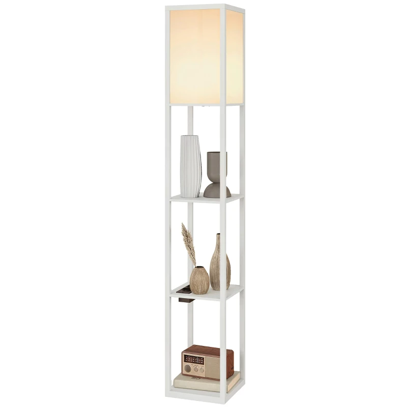 HOMCOM Lampada da Terra con Ripiani, Luce Regolabile, Interruttore a Pedale e Porte USB, Bianco