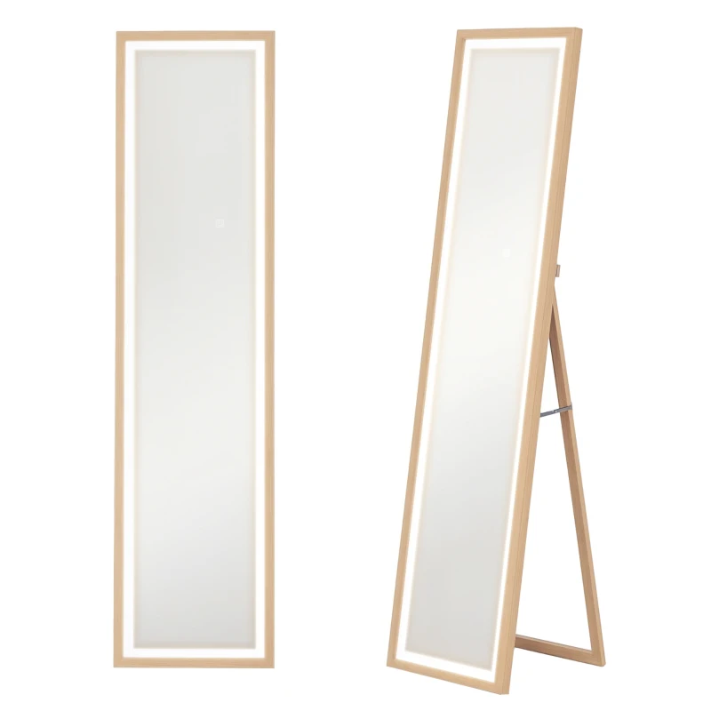 HOMCOM Grand miroir pleine longueur, miroir mural ou sur pied rectangulaire, 40 x 160 cm avec éclairage LED 3 couleurs, chêne