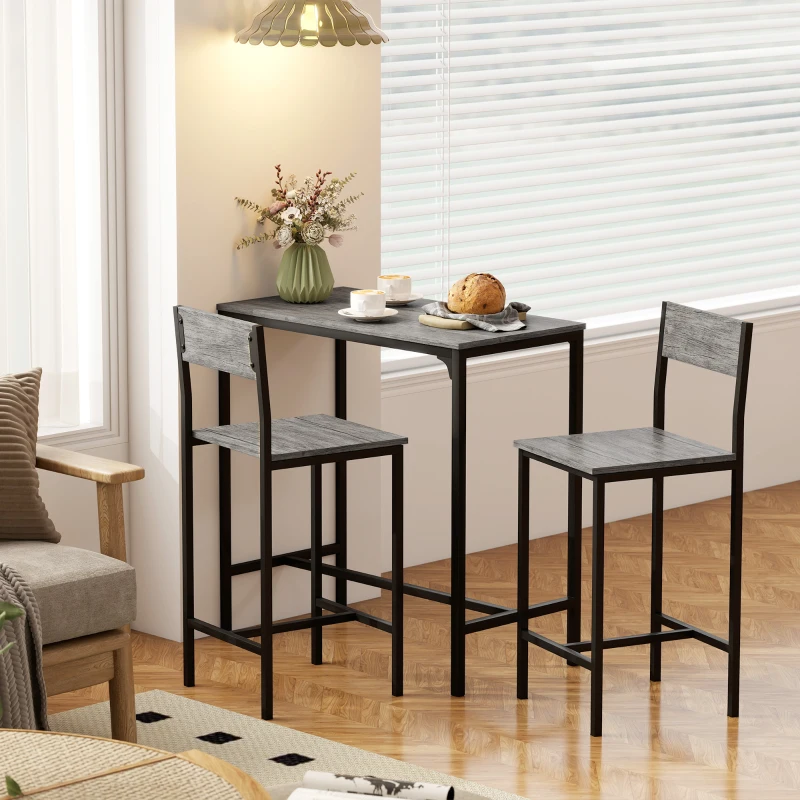 HOMCOM Ensemble table de bar avec tabourets, table à manger debout avec 2 chaises de bar, repose-pieds et dossiers, gris