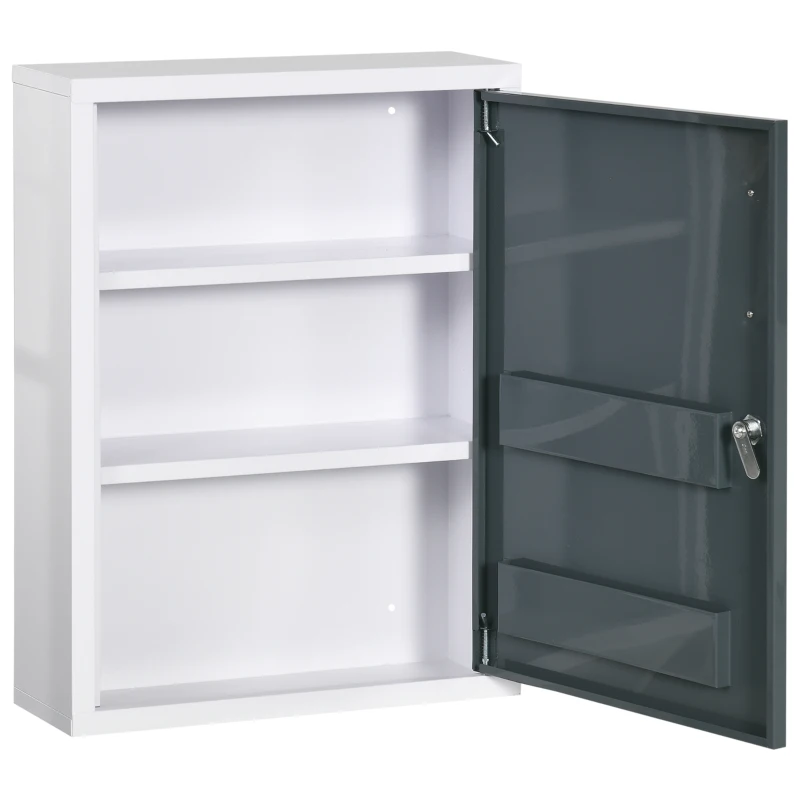 kleankin Armadietto Medicinali con 3 Ripiani e Blocco con Chiavi in Acciaio, 40x15x53.5cm, Bianco e Grigio