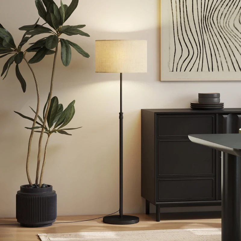 HOMCOM Stehlampe mit Fernbedienung, höhenverstellbar, Stoffschirm, Metallständer, anpassbare Helligkeit, Fußschalter, Schwarz