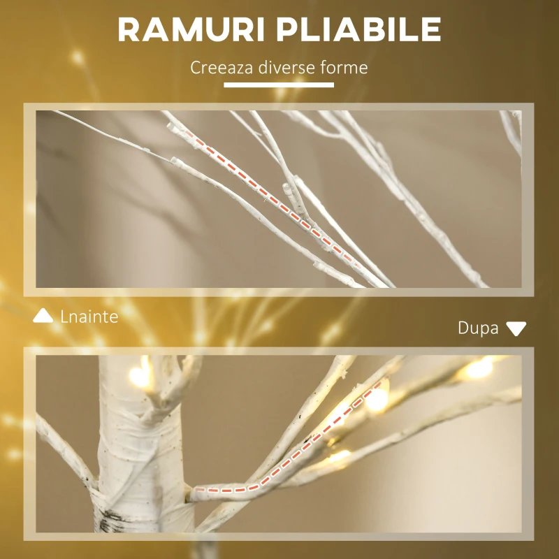 HOMCOM Brad de Crăciun Alb cu Lumini LED și 12 Ramuri pentru Interior și Exterior, din PP și Metal, 22x22x180 cm