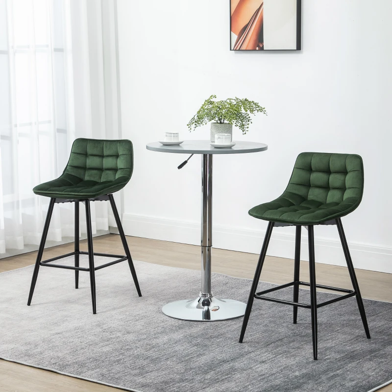 HOMCOM Set 2 Sgabelli da Bar con Schienale e Poggiapiedi Stile Nordico in Metallo e Velluto, Verde, 45x47x84cm