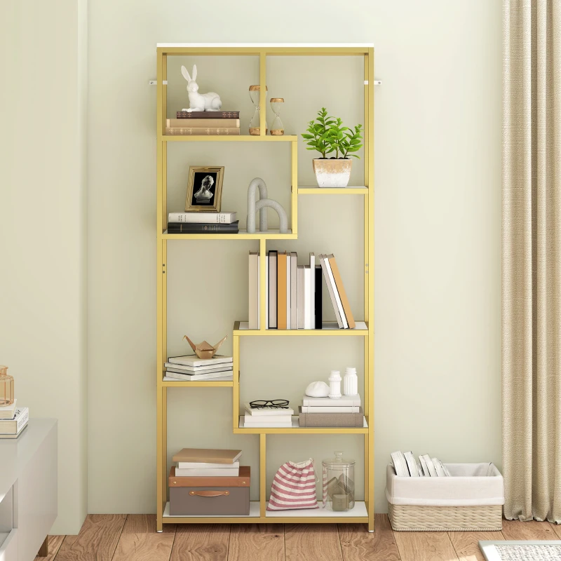 HOMCOM Seven-Tier Geometric Bookcase - White/Gold Tone
