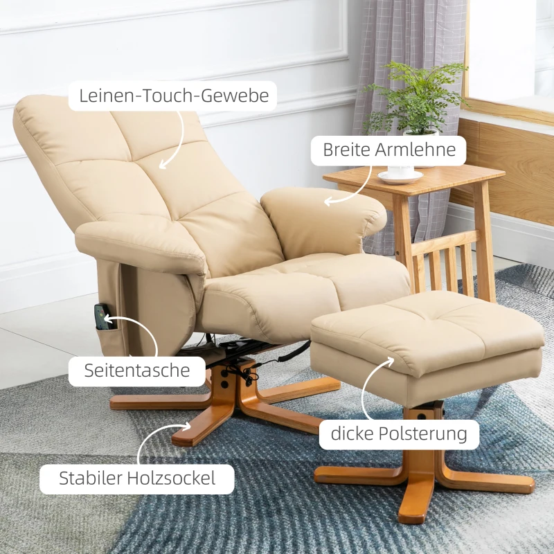 HOMCOM massagestoel met ottoman relaxstoel TV-stoel TV-stoel 145 ° helling kunstleer crèmewit 80 x 86 x 99 cm