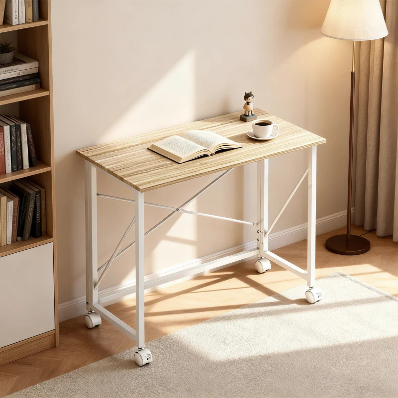 HOMCOM Escritorio Plegable con Ruedas y Estructura Resistente Ideal para Oficina y Estudio 80x40x75 cm Natural y Blanco