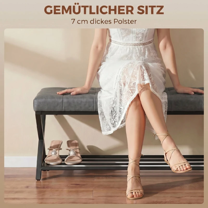 HOMCOM Schuhbank, Eingangsbank mit Kunstlederpolster, Ablage bis 220 kg für Flur, Eingangsbereich, 112 x 37 x 47 cm, Dunkelgrau