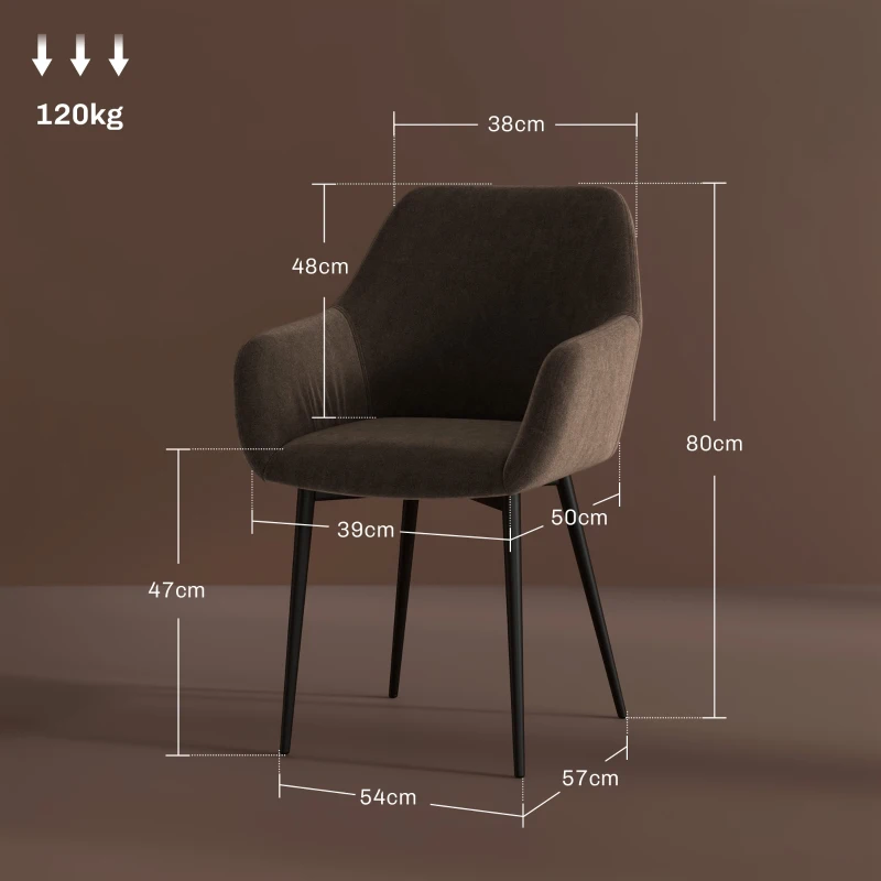 HOMCOM Set 2 Sedie da Pranzo Nordiche Imbottite con Braccioli Ricurvi in Tessuto Effetto Velluto, 54x57x80 cm, Marrone