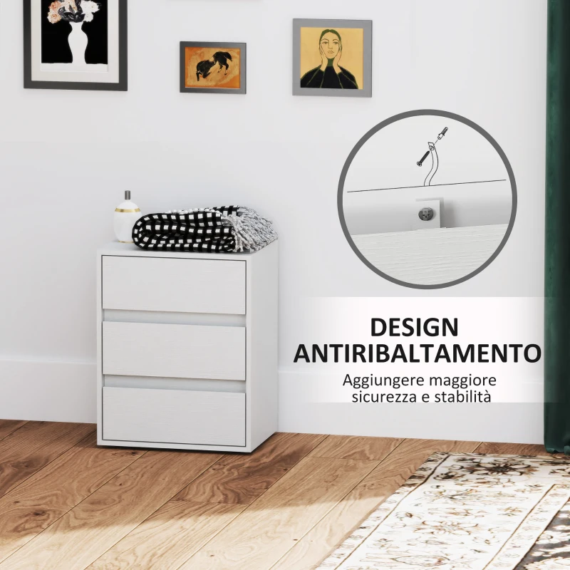 HOMCOM Cassettiera 3 Cassetti Moderna in Legno Bianco, 40x30x50.5 cm