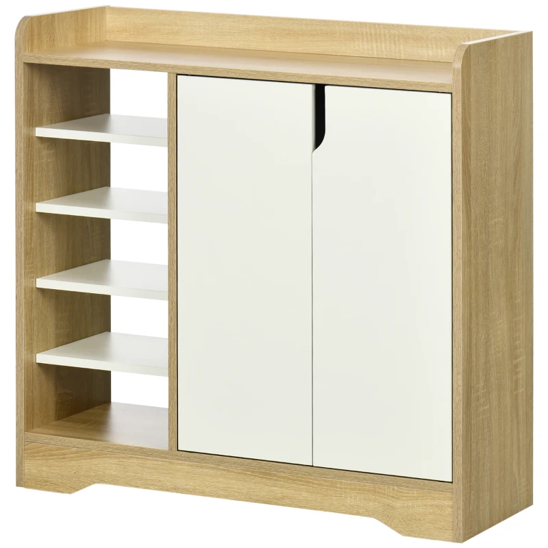 HOMCOM Shoe Storage with Double Doors and Open Shelves 13 Pair Shoe Storage Organizer for Entryway Hallway Natural and White