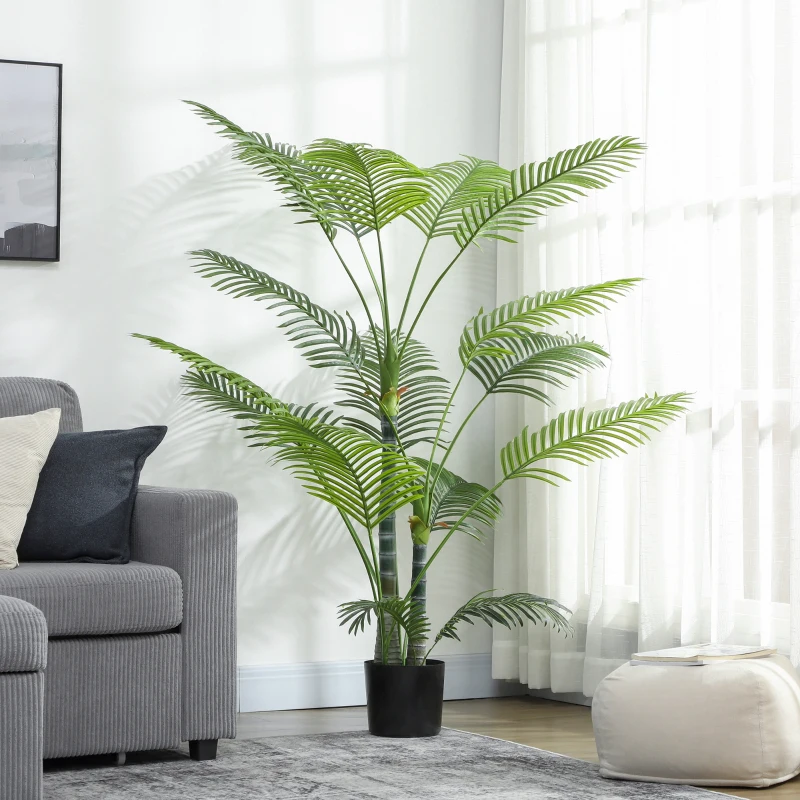HOMCOM Kunstmatige Palm met 16 Kunststof Bladeren, UV-bestendige Kunstplant met Plastic Pot, Voor Binnen en Buiten, Groen