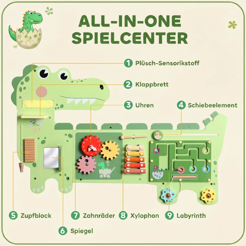 AIYAPLAY Montessori Motorikbrett Holz Busy Board Dinosaurier Wandmontiertes mit Xylophon Uhr Zahnrädern Klangstäbe