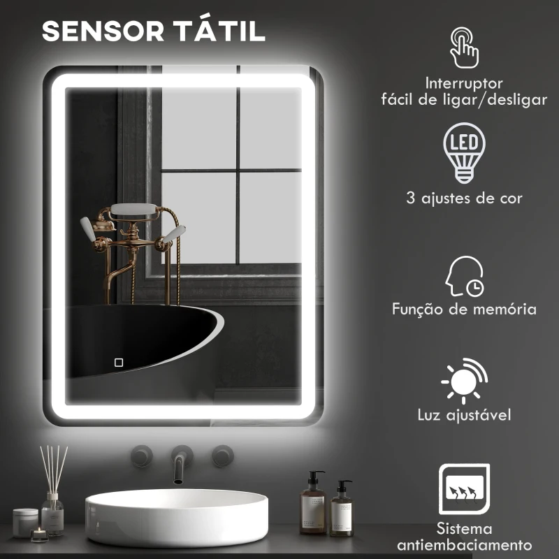 HOMCOM Espelho Casa de Banho com Luzes LED 70x90 cm Função Antiembaciamento 3 Temperaturas de Cor Ajustável e Função de Memória Prata