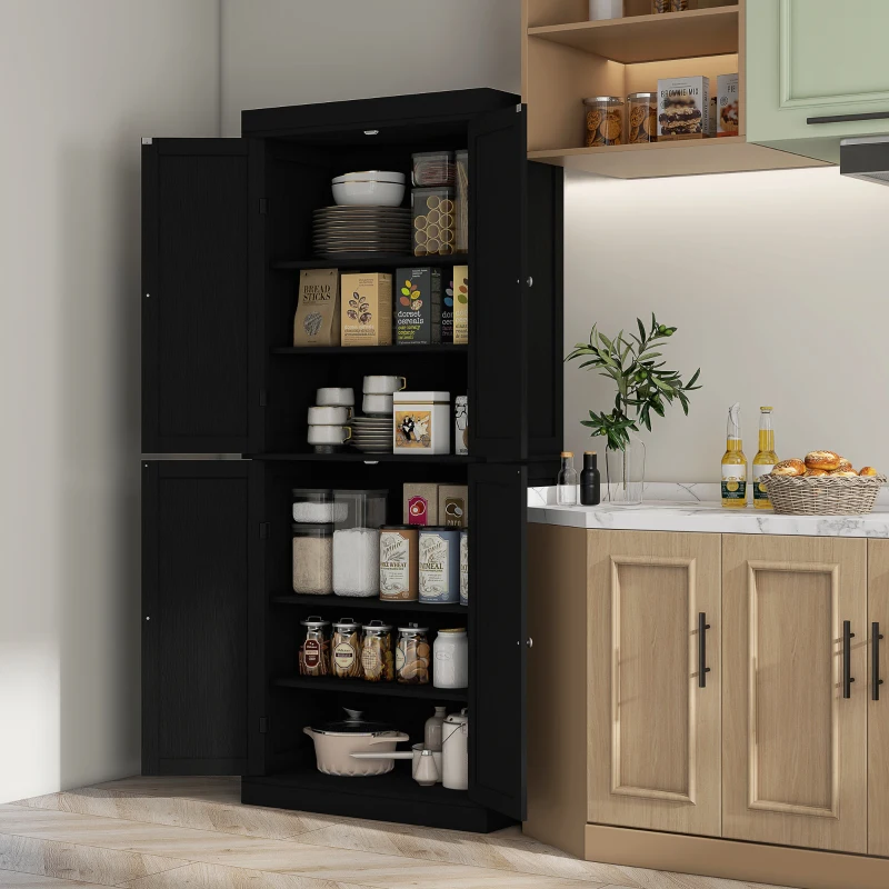 HOMCOM Mobile Cucina Alto con 6 Ripiani Regolabili e 4 Ante in Legno, 76x40.5x184 cm, Nero