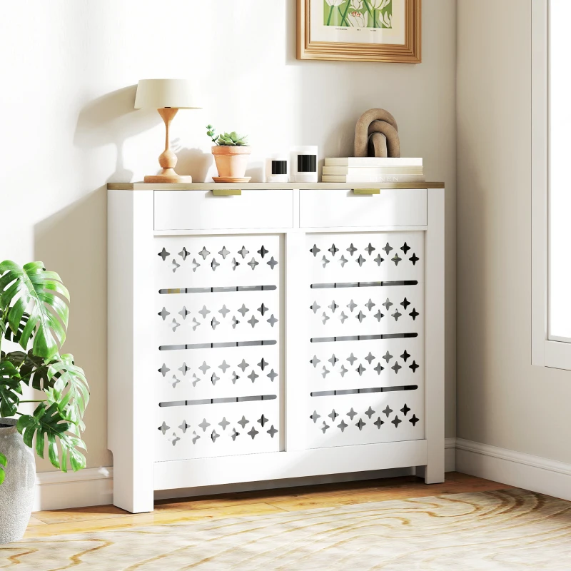 HOMCOM Couvercle de radiateur, cache radiateur avec placard rabattable et étagère supérieur, 108 x 19 x 95,5 cm, blanc
