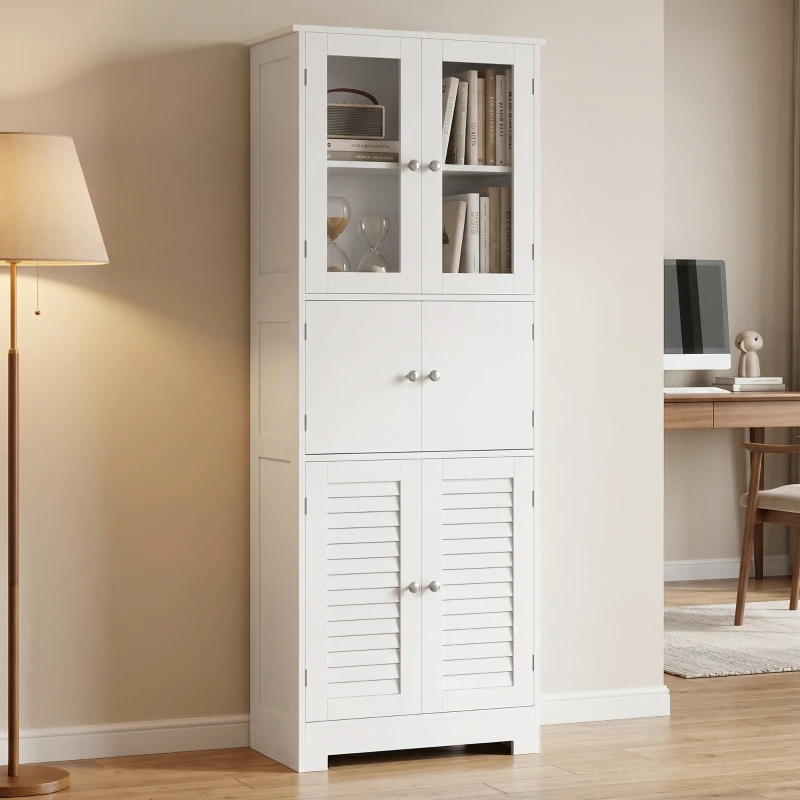 HOMCOM Meuble de salle de bain haut, meuble de rangement avec 6 portes dont 2 vitrées et 2 persiennes, étagère réglable, blanc