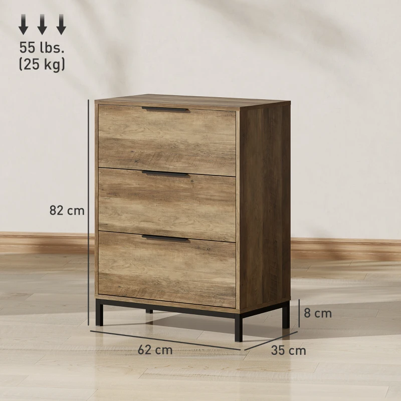 HOMCOM Comodă cu 3 sertare, sistem anti-răsturnare, cu mânere negre, din lemn și metal, 62x35x82 cm, maro închis