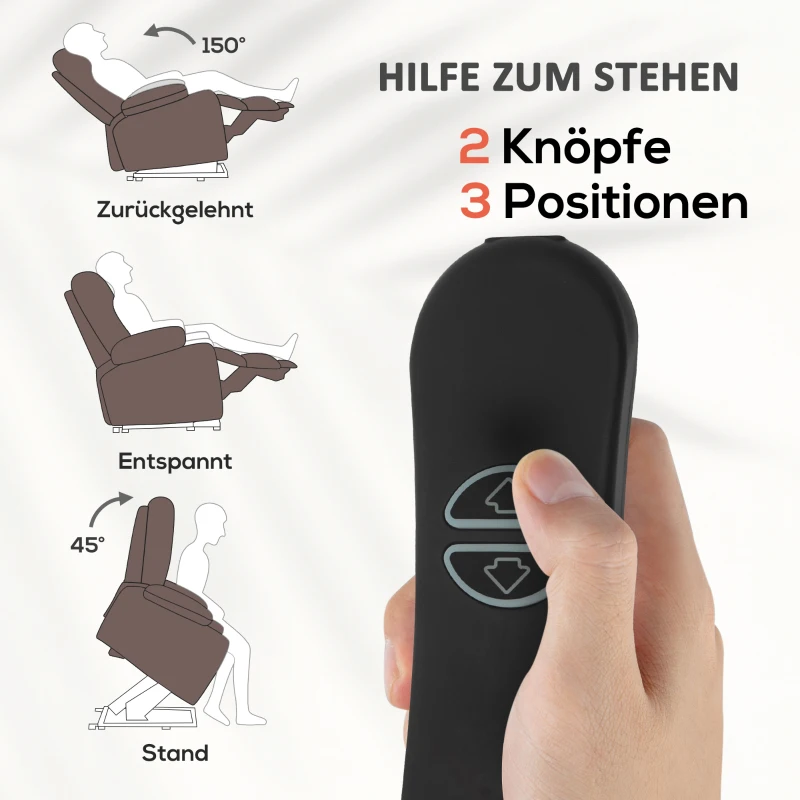 HOMCOM Opsta-hulpstoel met massagefunctie en lendenverwarming, relaxfauteuil met afstandsbedieningen en zijzakken, donkerbruin