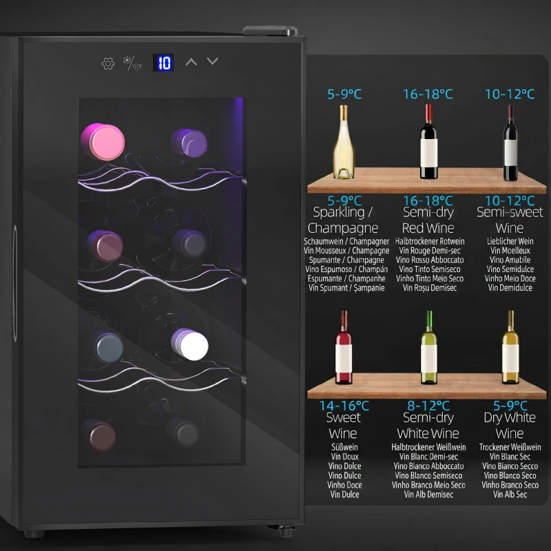HOMCOM Weinkühlschrank für 8 Flaschen, 21L, Thermoelektrik, verstellbare Regal, LED-Beleuchtung, Schwarz