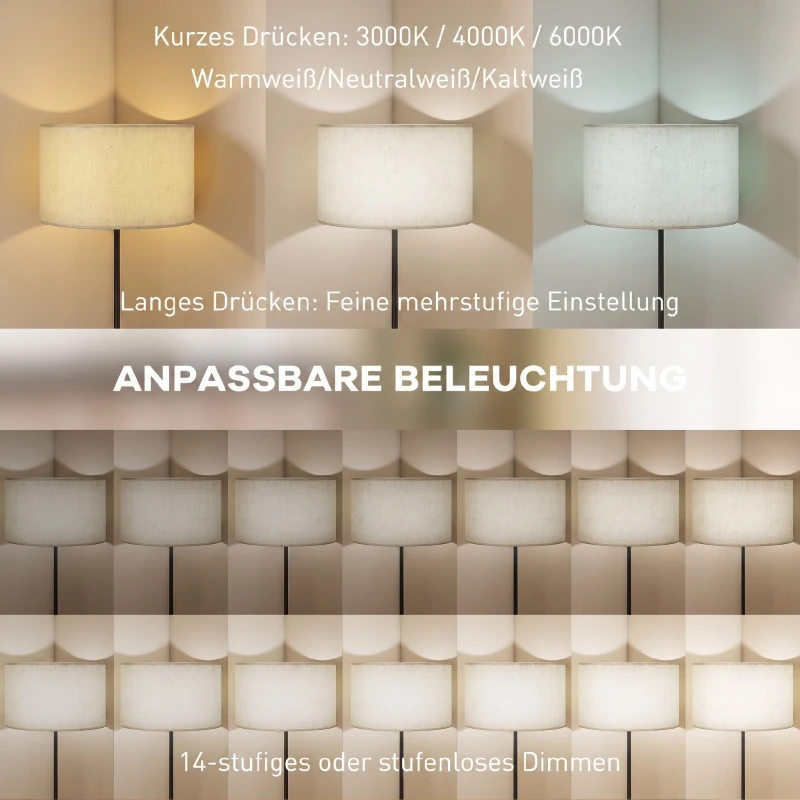 HOMCOM Stehlampe mit Fernbedienung, höhenverstellbar, Stoffschirm, Metallständer, anpassbare Helligkeit, Fußschalter, Schwarz