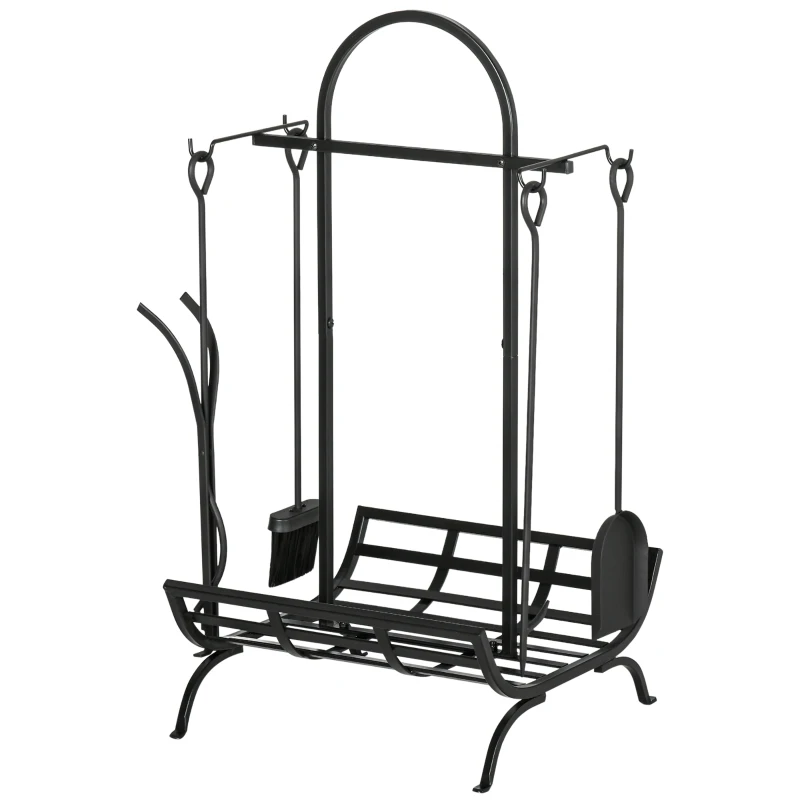 Outsunny Porte bûches - Range bûches Serviteur de cheminée - Multi Accessoires dim. 45L x 40l x 78H cm métal Noir
