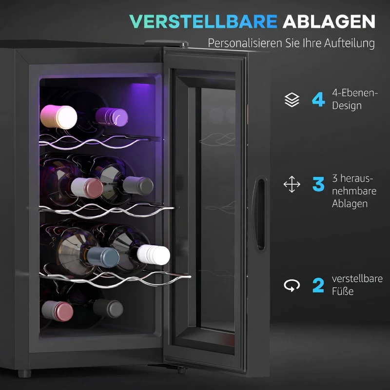HOMCOM Weinkühlschrank für 8 Flaschen, 21L, Thermoelektrik, verstellbare Regal, LED-Beleuchtung, Schwarz