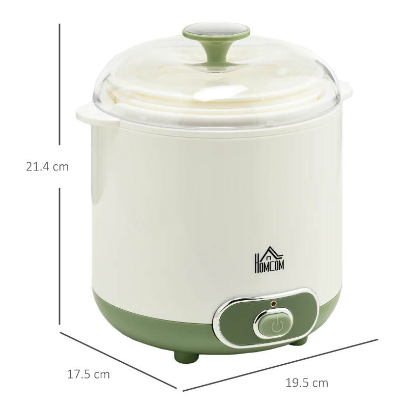 HOMCOM Aparat pentru iaurt 20W de 1.5L pentru 3-5 persoane cu 2 recipiente și strecurătoare, din plastic, 19.5x17.5x21.4 cm, alb