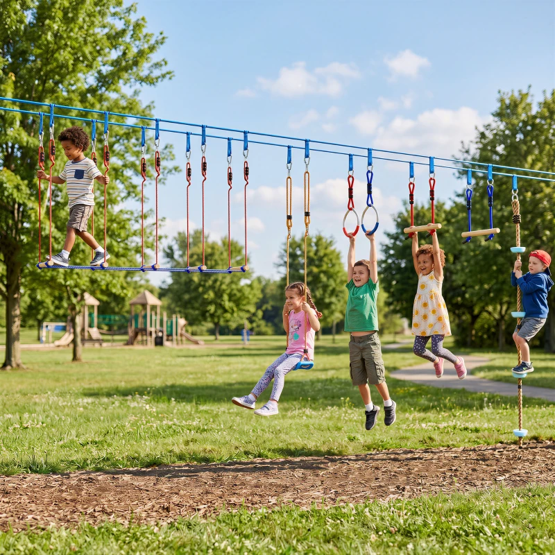 AIYAPLAY Ninja Line Kinder 24 m Slackline Set mit Turnringe 7 Hindernissen Kletterstange Balancierbrücke für 3-6 Jahre