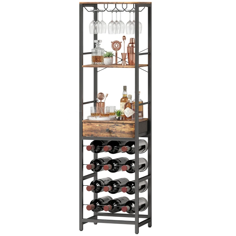 HOMCOM Weinbar-Schrank mit Schublade, Industrieller Barschrank, Weinregal für 12 Flaschen, Glashalter, Rustikal Braun