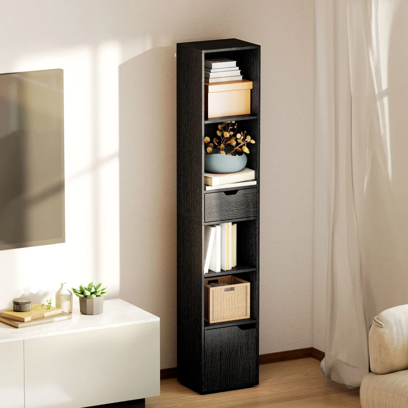 HOMCOM Bibliothèque, étagère à livres, meuble de rangement avec tiroir placard compartiments ouvertes, 30 x 24 x 158 cm, noir