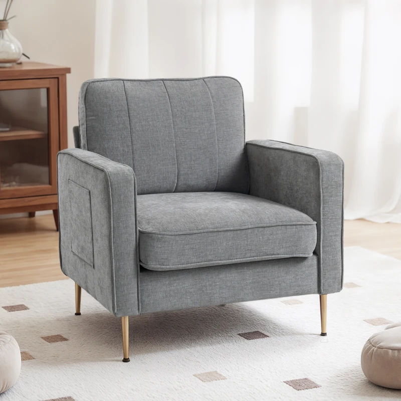 HOMCOM Fauteuil en tissu avec pieds en acier doré, grand confort, pochettes latérales, pour salon, bureau, chambre, gris