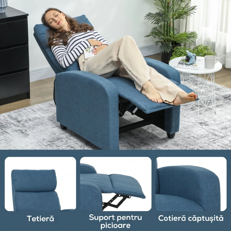 HOMCOM Fotoliu Relax Reclinabil Manual cu Suport pentru Picioare și Tapițerie din Țesătură, Albastru