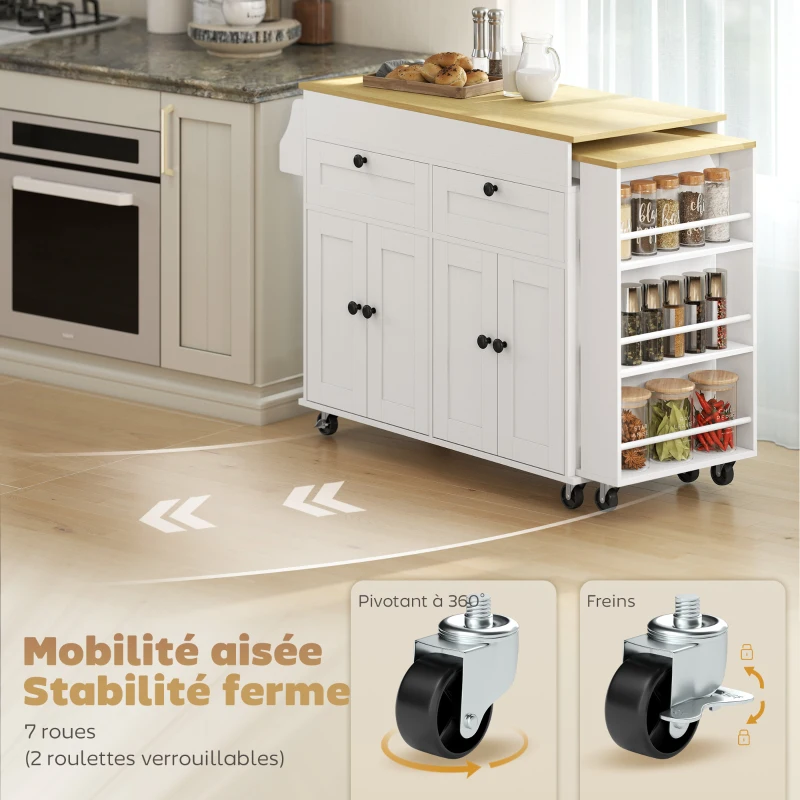 HOMCOM îlot central cuisine avec plateau extensible, desserte de cuisine sur roulettes avec 2 tiroirs, 4 portes, blanc