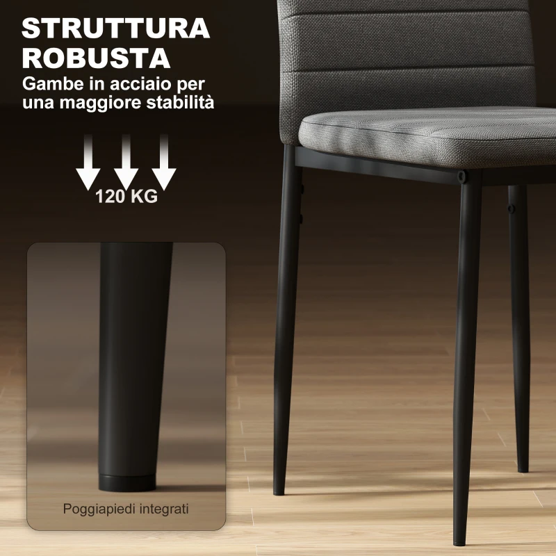 HOMCOM Set 6 Sedie Imbottite per Soggiorno o Sala da Pranzo, Sedie da Cucina Moderne, in Acciaio e Tessuto Grigio