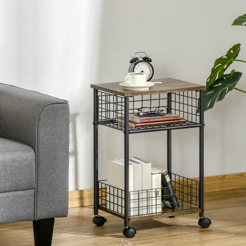 HOMCOM Küchenwagen im Industriedesign 1 Regal 1 Aufbewahrungskorb 4 Räder 40 cm x 30 cm x 62 cm Stahl Schwarz + Braun
