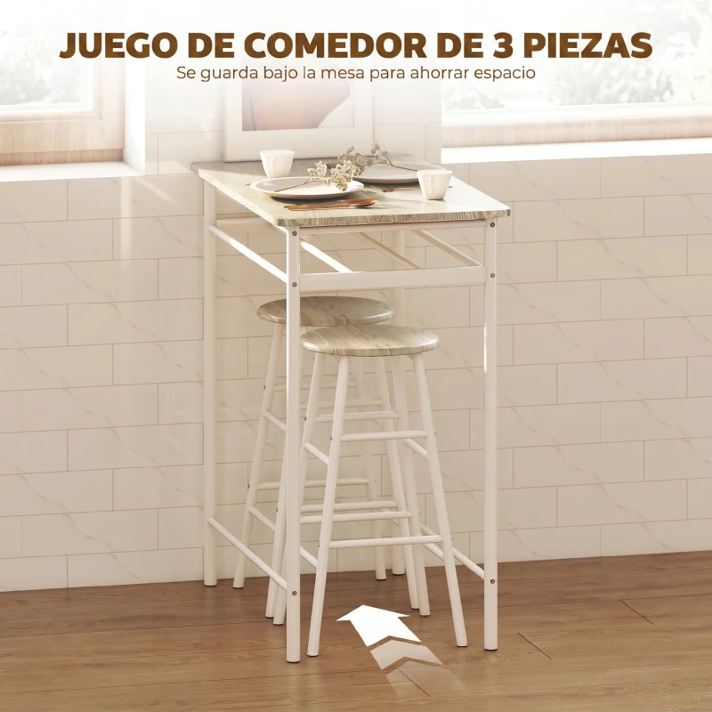 HOMCOM Set de Mesa Alta y 2 Taburetes con Estante de Almacenamiento y Marco de Metal 80x50x90 cm Blanco y Natural
