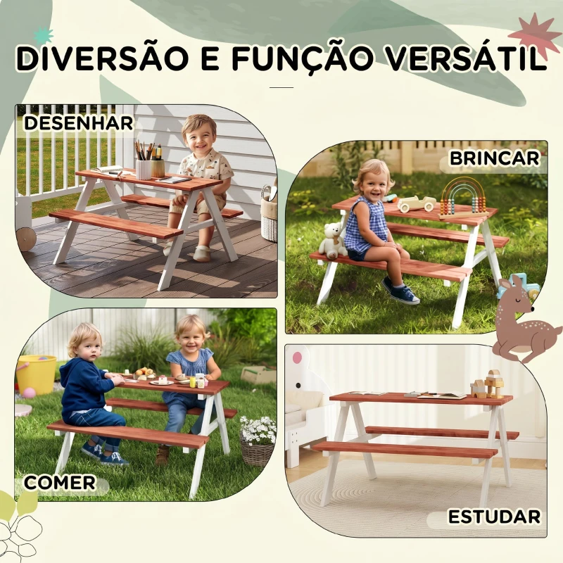 Outsunny Conjunto de Mesa e 2 Bancos Infantil de Madeira Mesa de Piquenique para Crianças de 3-8 Anos 89x79x50 cm Marrom e Branco