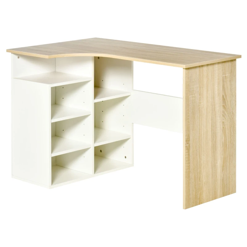 HOMCOM Escritorio Esquinero Mesa de Ordenador en Forma de L Escritorios Juveniles con Estantes Ajustables para Oficina Casa Despacho 120x70x75 cm Blanco y Roble