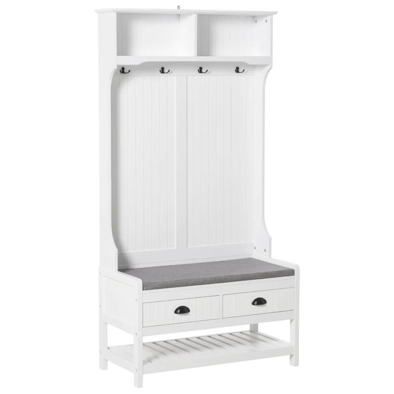 HOMCOM Perchero Zapatero con Banco 4 Ganchos 2 Compartimentos Abiertos 2 Cajones Extraíbles y Estante Inferior Moderno para Recibidor Entrada 89x42x172 cm Blanco