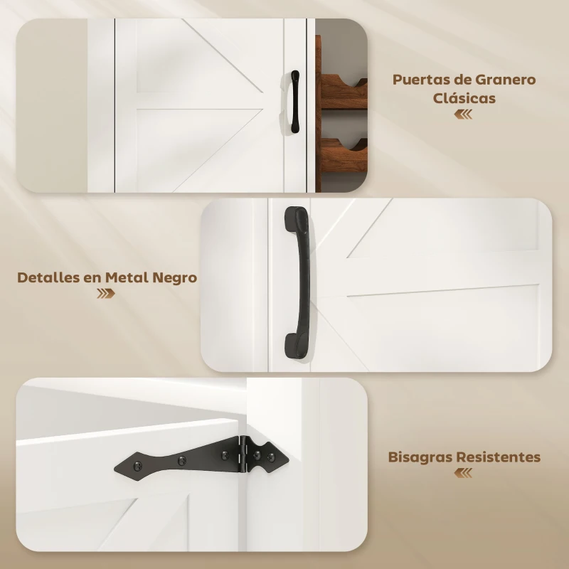 HOMCOM Aparador de Cocina Rústico con Estantes Ajustables y Botellero Mueble Auxiliar para Comedor, Salón 120x37x88 cm Blanco