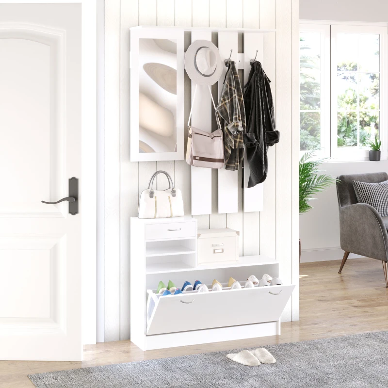 HOMCOM Set Mobili Ingresso Moderno con Scarpiera e Specchio, Appendiabiti da Ingresso con 6 Ganci, 2 Ripiani Regolabili e Cassetti in Legno per Corridoio, 90x24x166 cm, Bianco