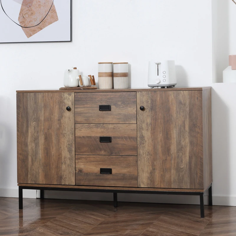 HOMCOM Credenza Moderna in Truciolato e Metallo con 2 Armadietti a 2 Ante con Ripiani e 3 Cassetti, 120x39.5x77 cm