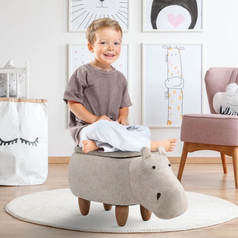 HOMCOM Hippo Storage Stool Cute Decoration Footrest Wood Frame Legs with Padding Lid Ottoman Animal Furniture Cream 36 x 65cm
