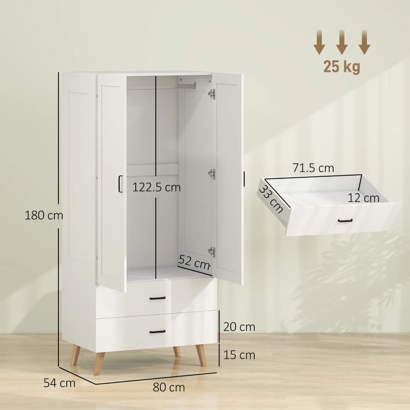 HOMCOM 2-Door Wardrobe, Modern Wardrobe with 2 Drawers and Hanging Rail for Bedroom, White
