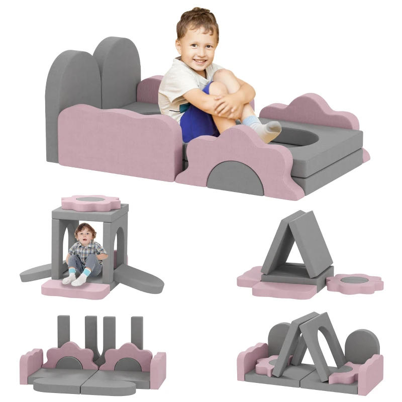 AIYAPLAY 12-delig Set Schuimblokken om te Klimmen, Bouwen, Kruipen, Binnen Speelmatten met Cord Bekleding, Grijs+Roze