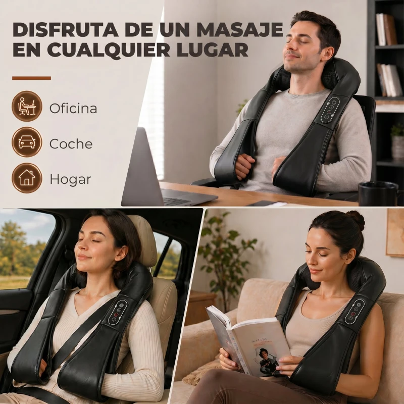 HOMCOM Masajeador Cervical y Espalda con Calor y 8 Nodos Shiatsu 3 Intensidades de Amasamiento 3D Negro